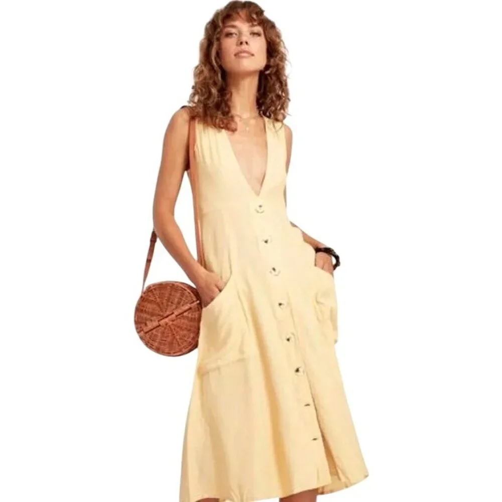 Faithfull The Brand Dress Women 4 Yellow Lemon Sorbet Blohm Midi‎ Boho Cottage